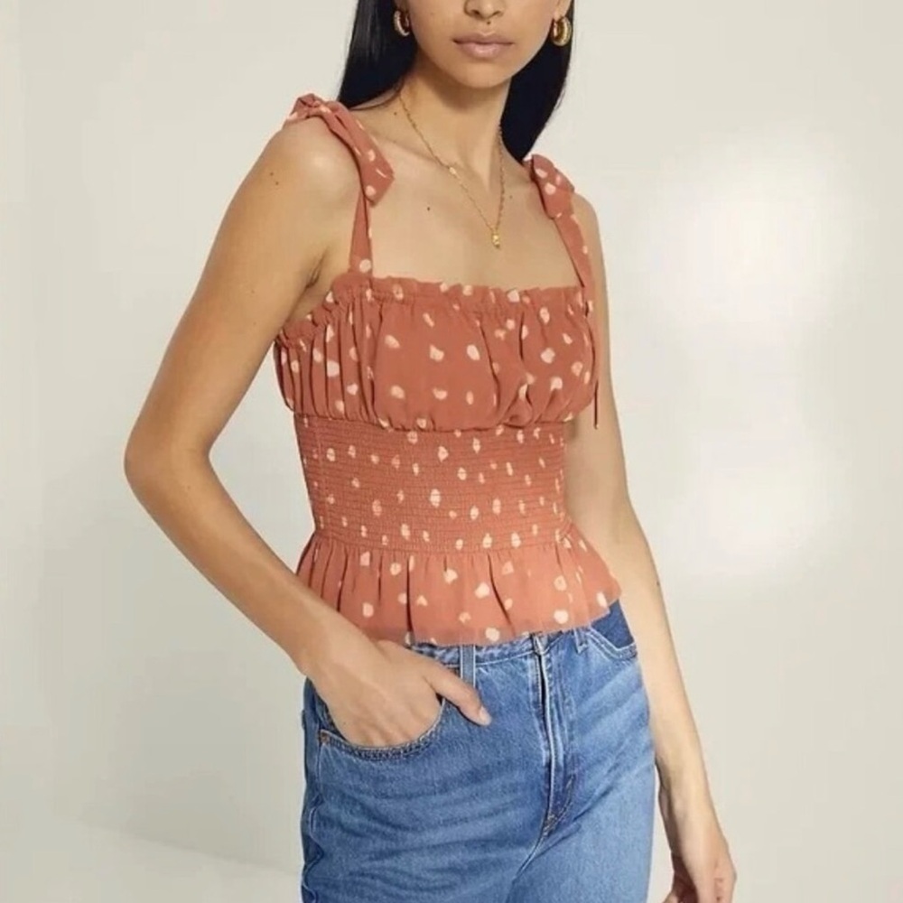 Aritzia Wilfred Ballad Camisole Smocked Top in Pink/White Polka Dot Size XS